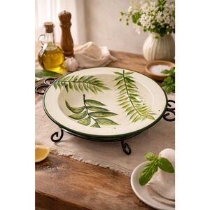 Block Basics Foliage Floral Bowl w/o Wrought Iron Stand 2002 Hand Painted ~ EUC